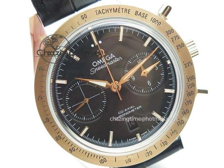0509 Trendsetting Speedmaster ’57 SS Chrono AXF Best Edition RG Bezel Black Dial on Black Leather Strap A 8283